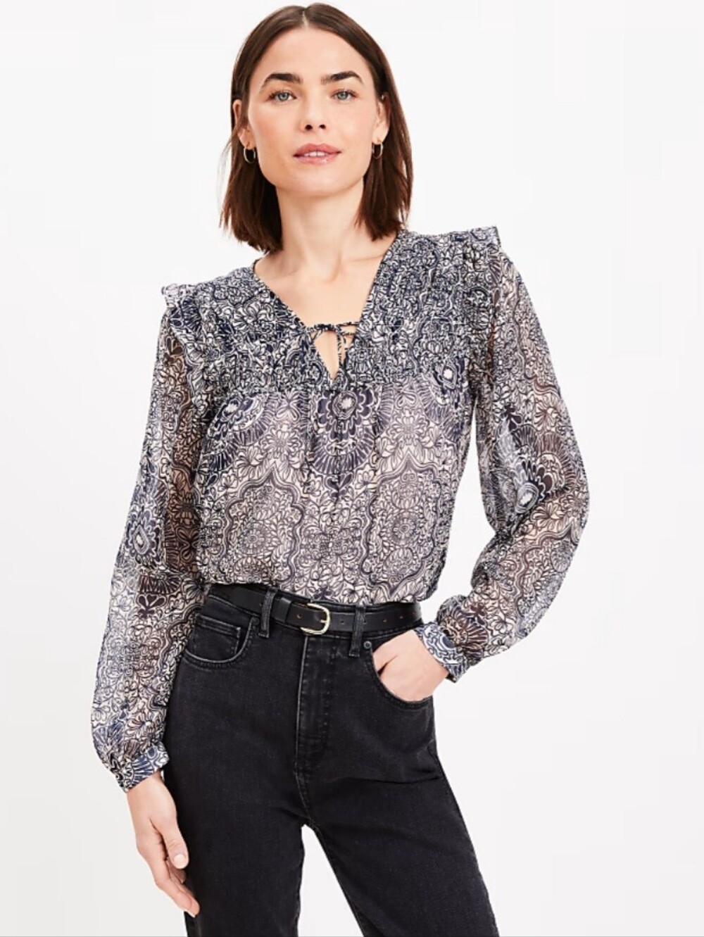LOFT Navy and White Paisley Tie-Neck Blouse
